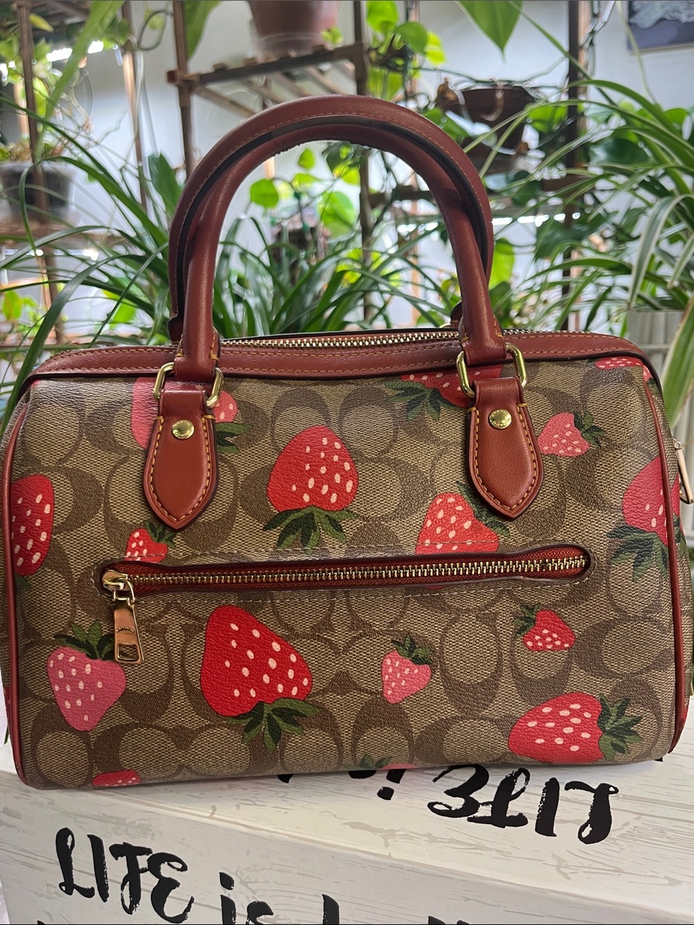 Coach Brown Signature Satchel with Red Strawberry Print - Picture 2 of 11